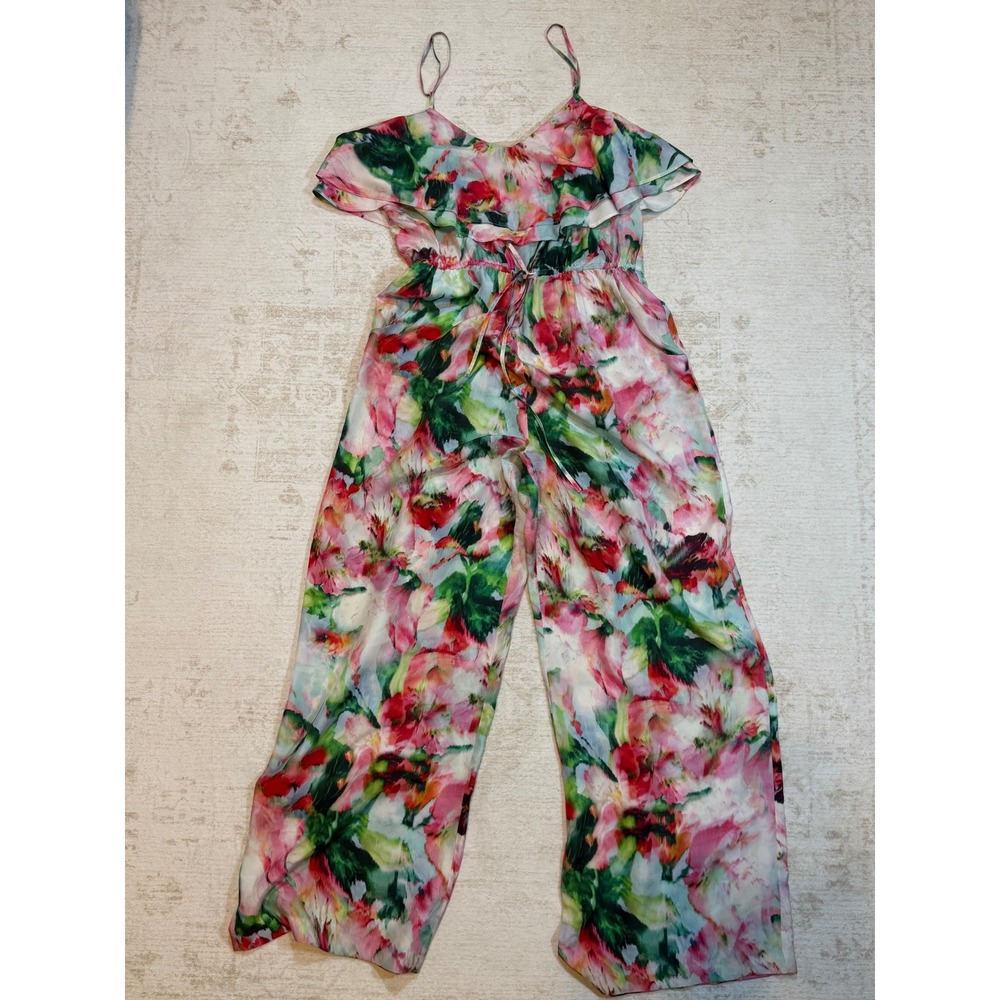 Fleur Wood Silk Floral Jumpsuit Small Pink Green Watercolor Ruffle Wide Leg S